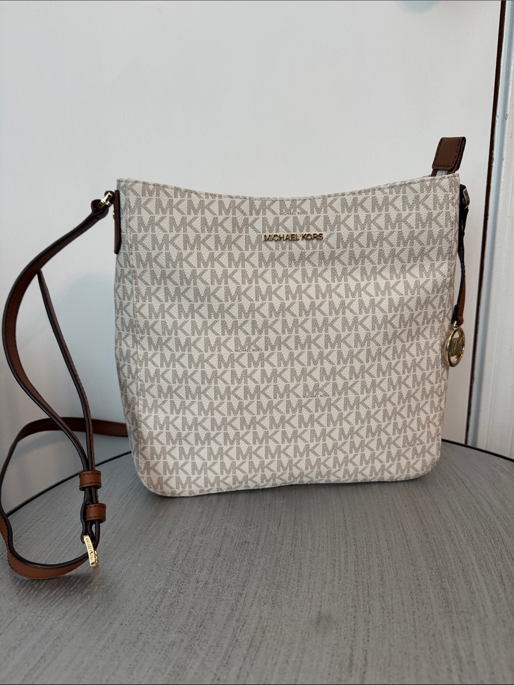 Michael Kors Beige & Brown MK Signature Crossbody Bag